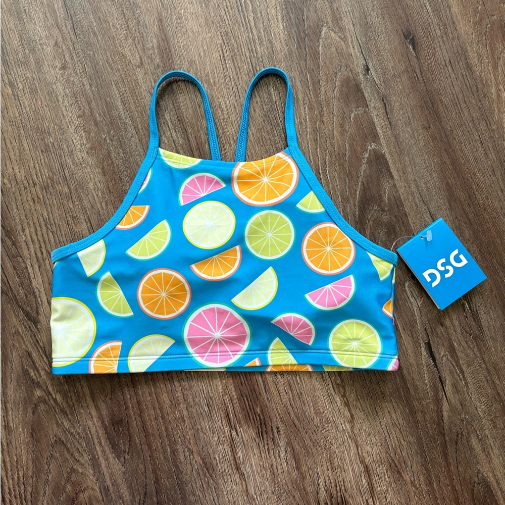 DSG Girls Citrus Print Swim Top Size L NWT Strappy Back Padded UPF 50